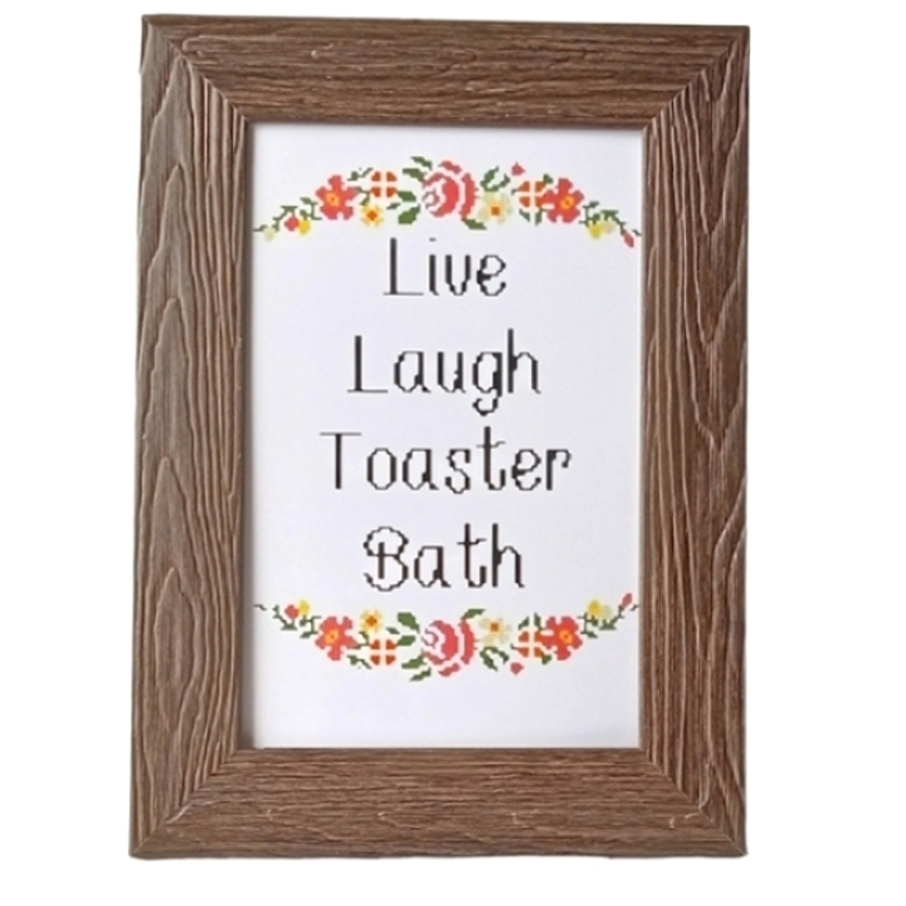 Live laugh Toaster funny Bathroom Restroom washroom faux cross stitch Art framed